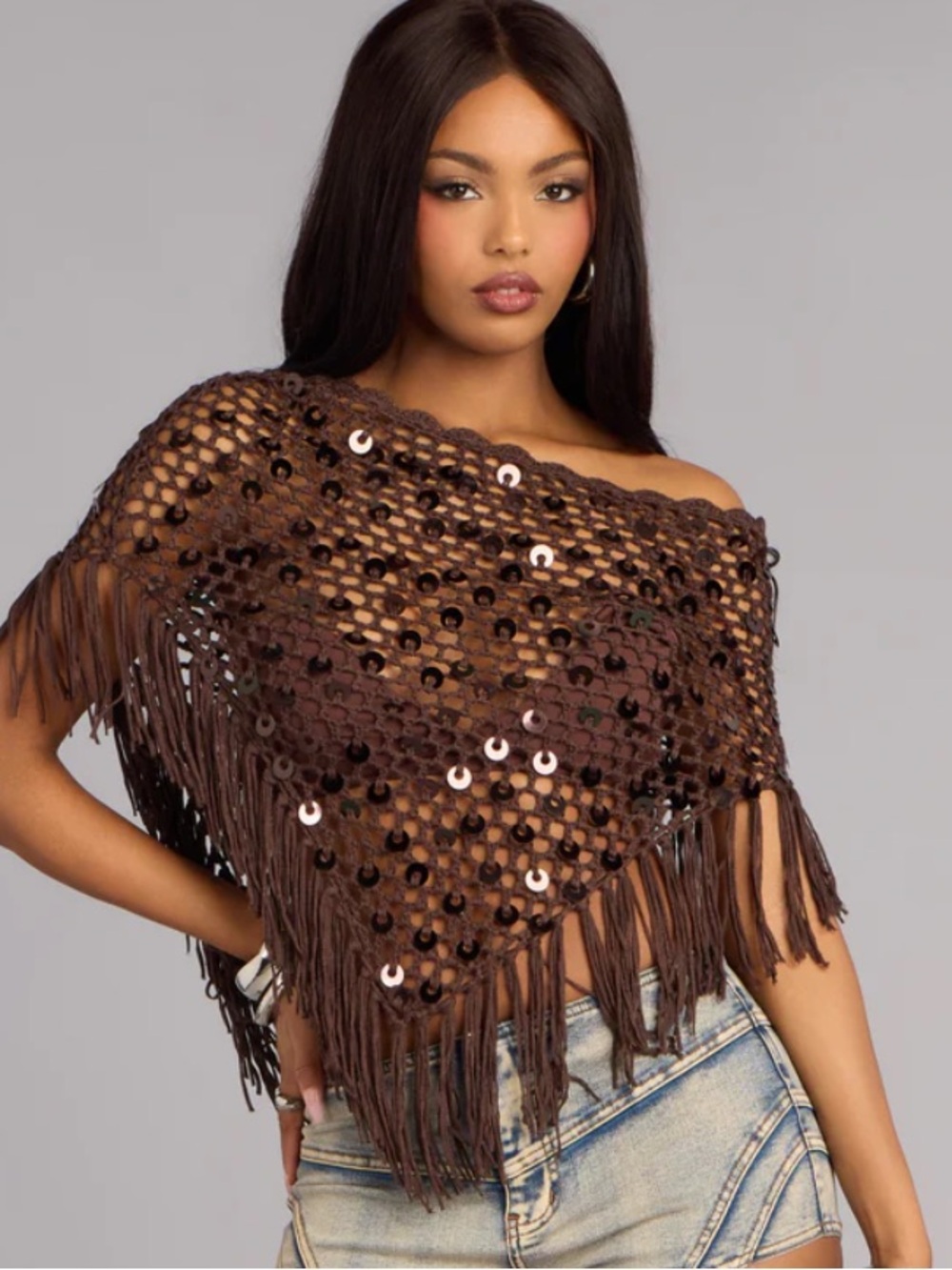 Windsor Brown Crochet Sequin Fringe poncho top S NWT